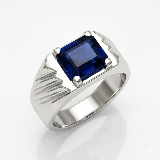Blue Sapphire Men Ring - Emerald Cut Signet
