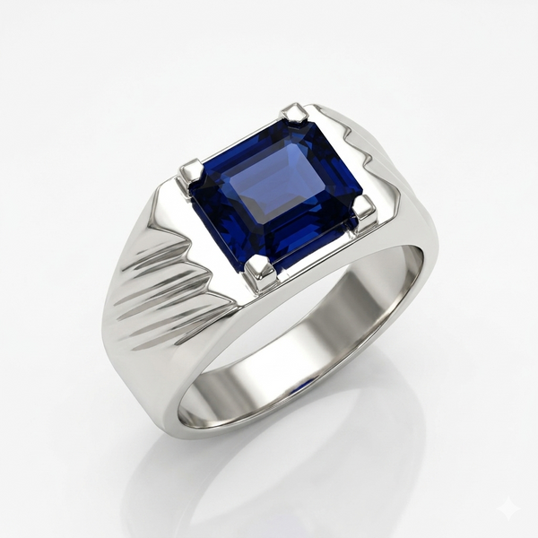 Blue Sapphire Men Ring - Emerald Cut Signet
