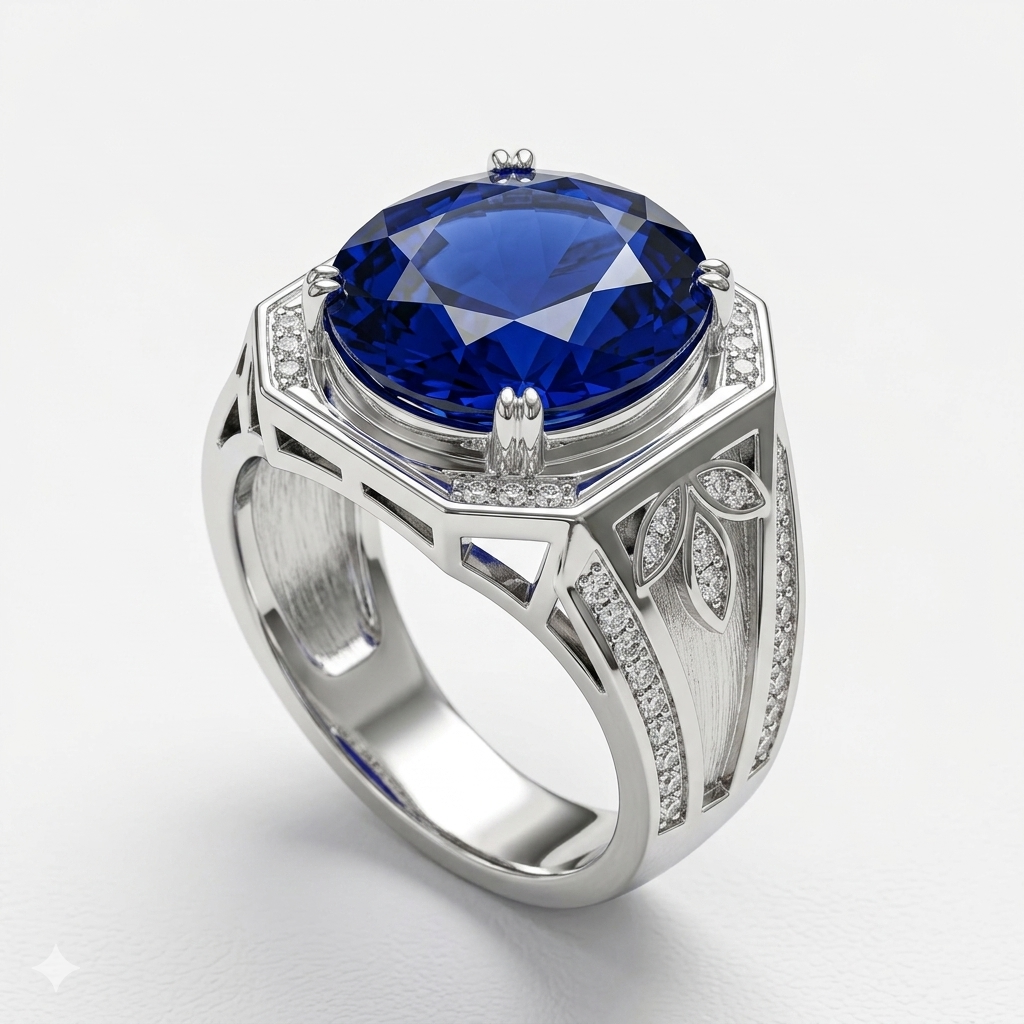 Blue Sapphire Men Ring - Round Cut