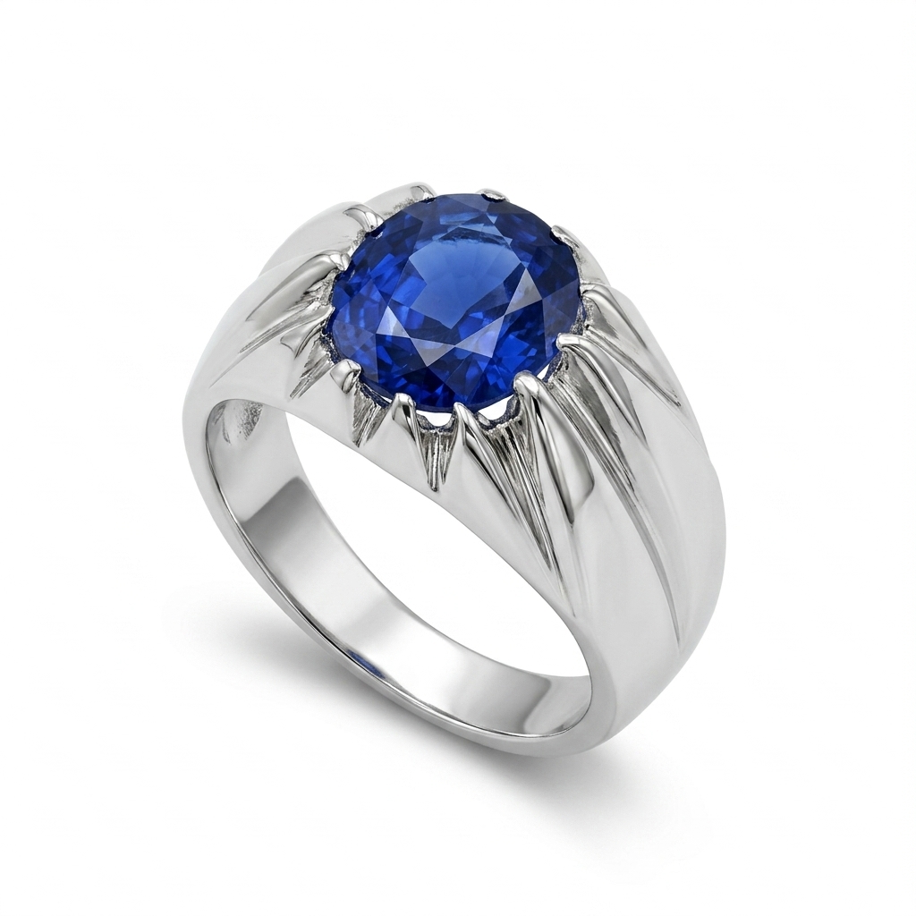 Blue Sapphire Men Ring - Sunburst Signet