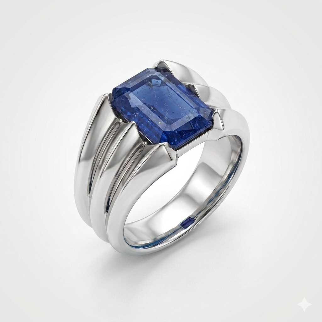 Blue Sapphire Men Ring - Triple Split Emerald