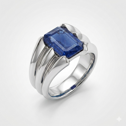 Blue Sapphire Men Ring - Triple Split Emerald