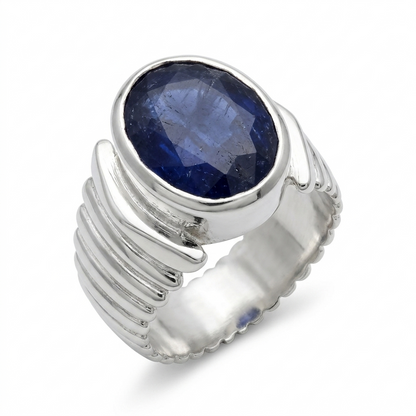 Blue Sapphire Men Ring - Fluted Oval