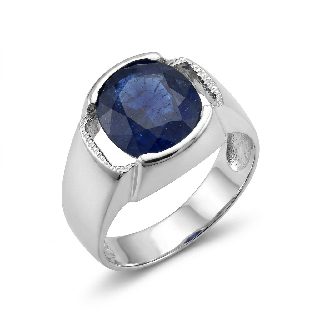 Blue Sapphire Men Ring - Half-Bezel