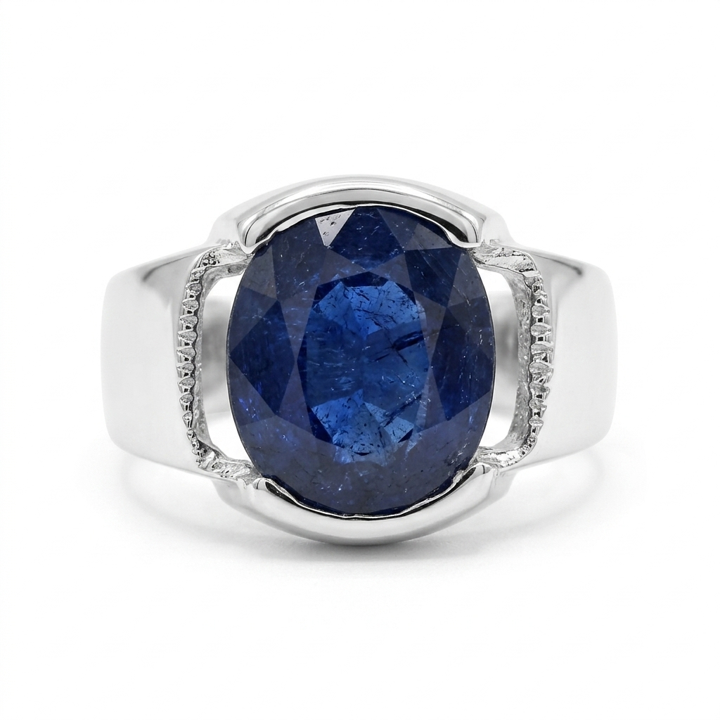 Blue Sapphire Men Ring - Half-Bezel