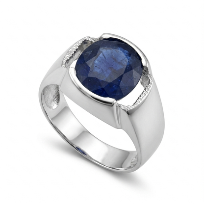 Blue Sapphire Men Ring - Half-Bezel