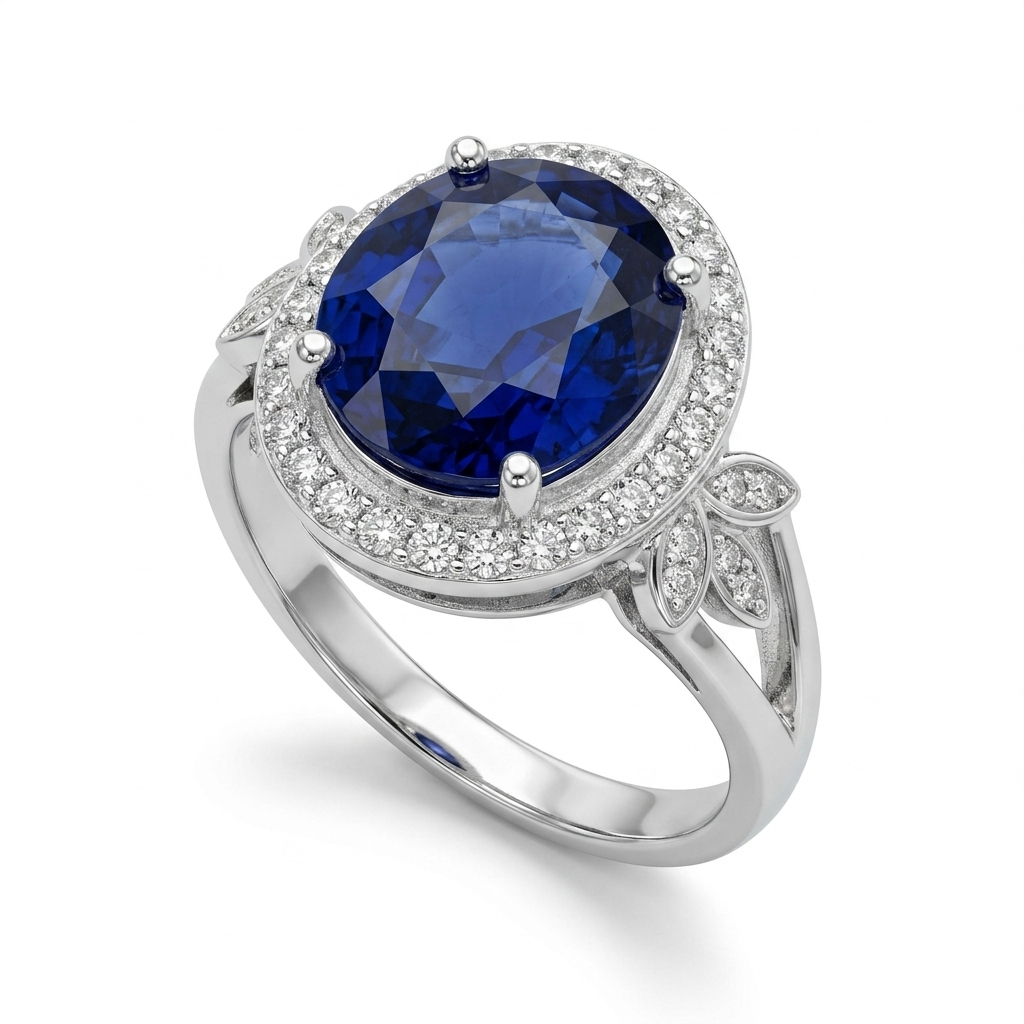 Blue Sapphire Women Ring - oval halo