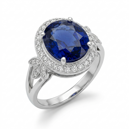 Blue Sapphire Women Ring - oval halo