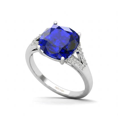 Blue Sapphire Women Ring - Cushion Split Shank
