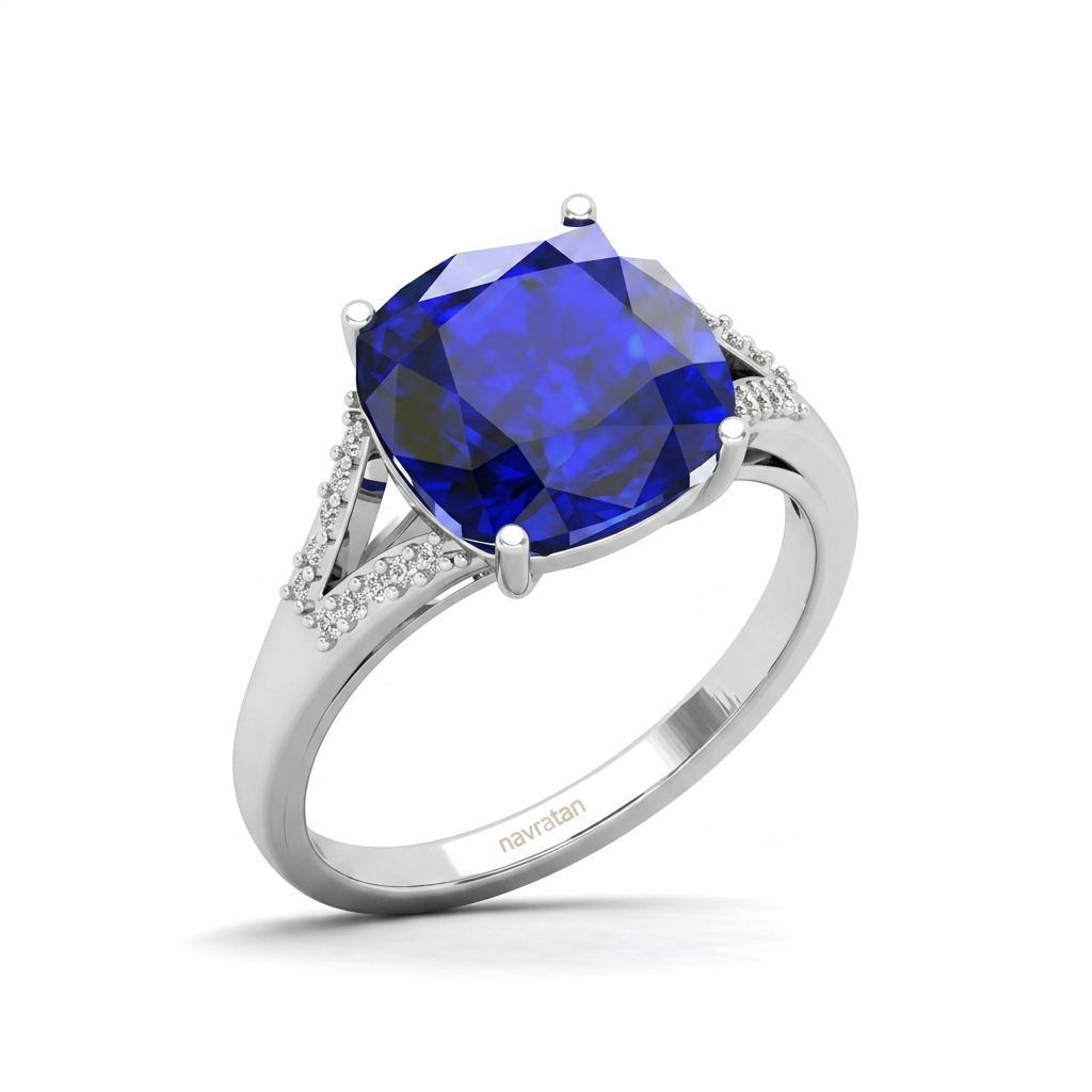 Blue Sapphire Women Ring - Cushion Split Shank
