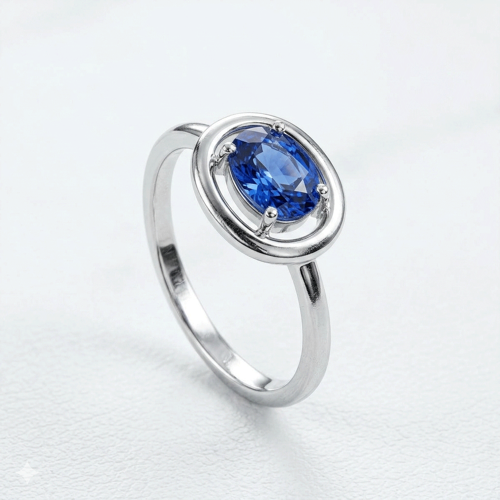 Blue Sapphire Women Ring - Oval Floating Halo