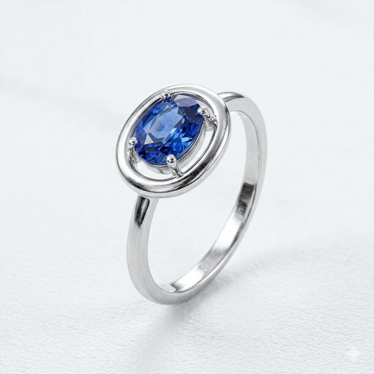 Blue Sapphire Women Ring - Oval Floating Halo