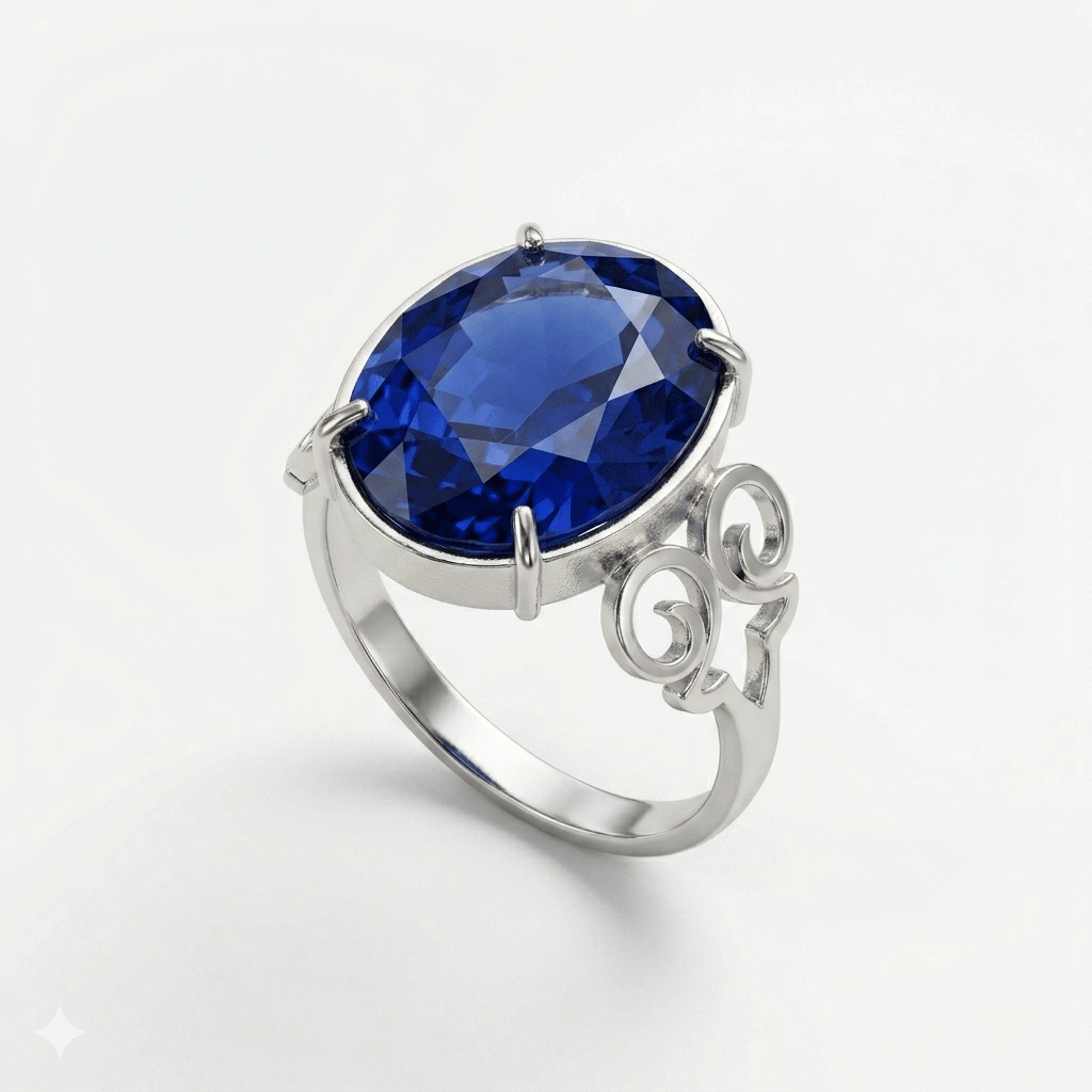 Blue Sapphire Women Ring - Scroll Solitaire