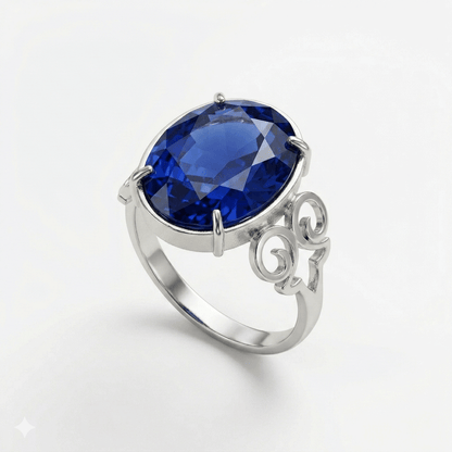 Blue Sapphire Women Ring - Scroll Solitaire