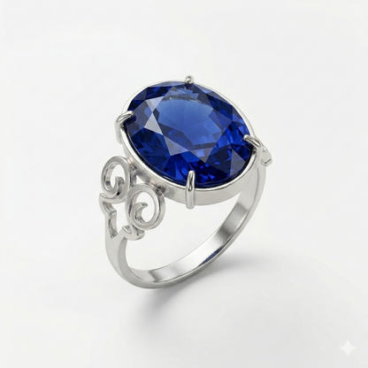 Blue Sapphire Women Ring - Scroll Solitaire