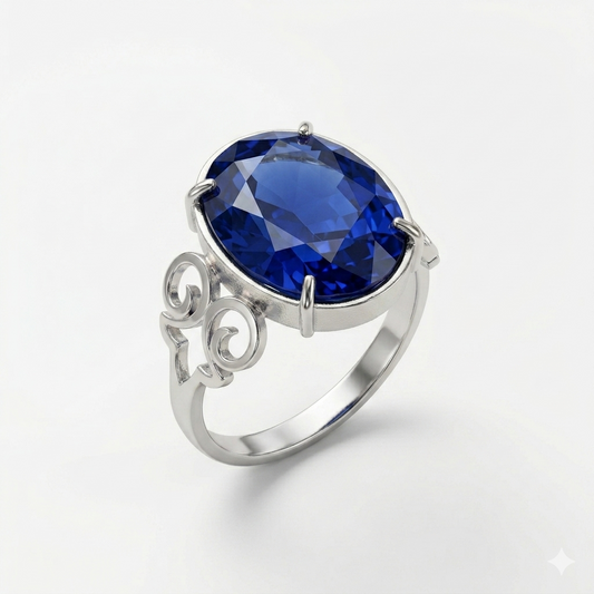 Blue Sapphire Women Ring - Scroll Solitaire