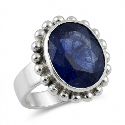 Blue Sapphire Women Ring - Beaded Halo