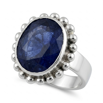 Blue Sapphire Women Ring - Beaded Halo