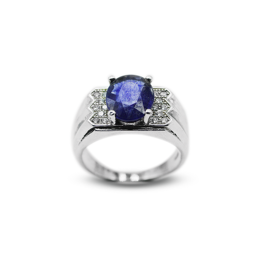 Blue Sapphire Men Ring – Zircon Shoulder Design