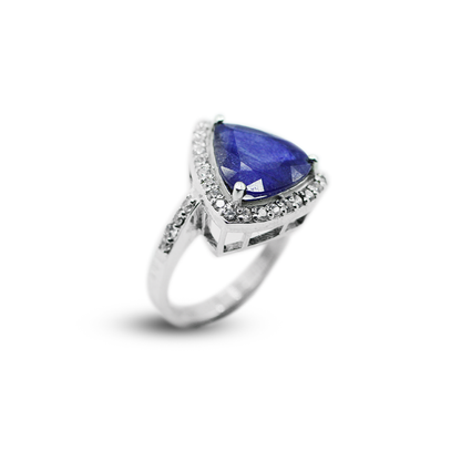 Blue Sapphire Women Ring – Triangular Zircon Halo