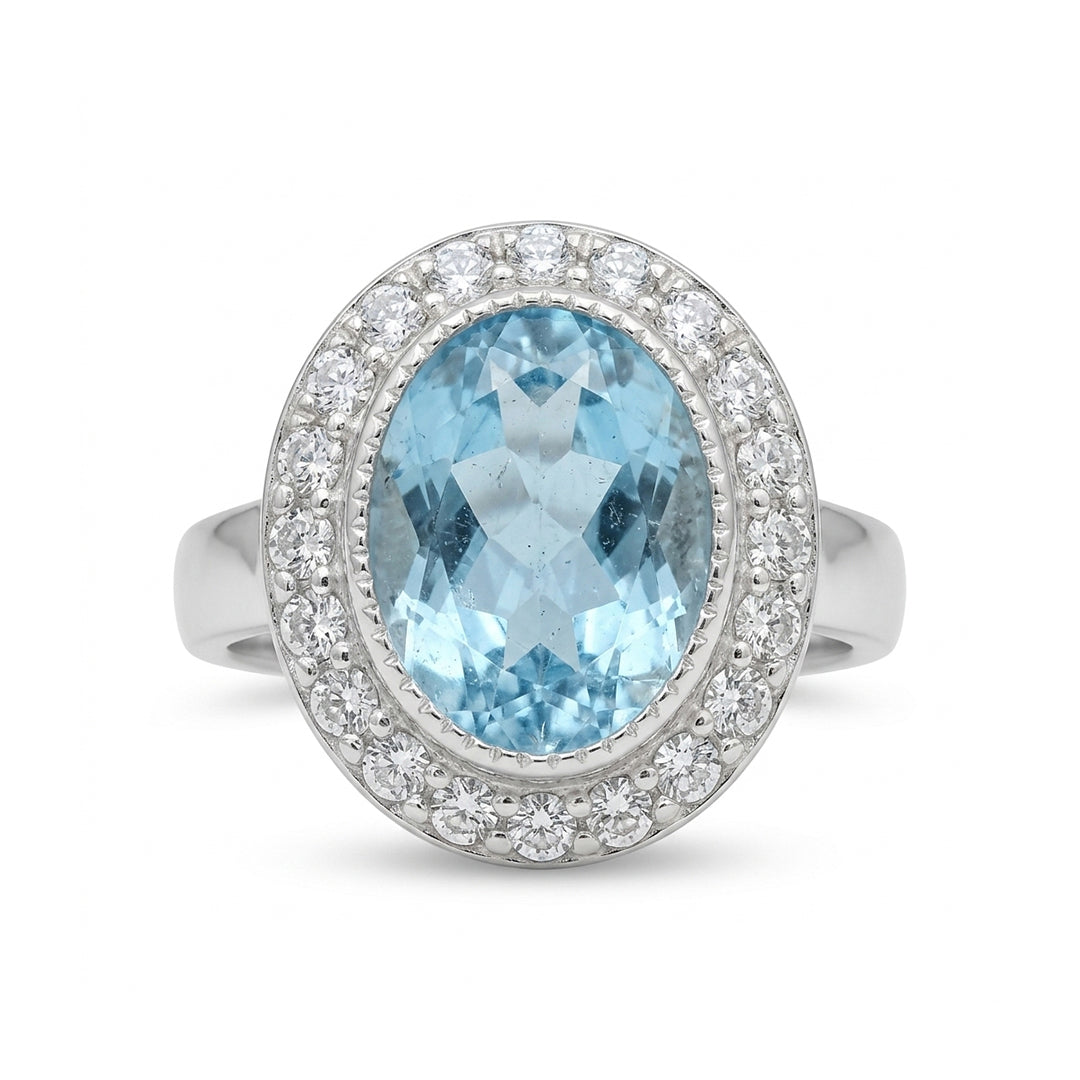 Blue Topaz Women Ring - Wide-Border Halo