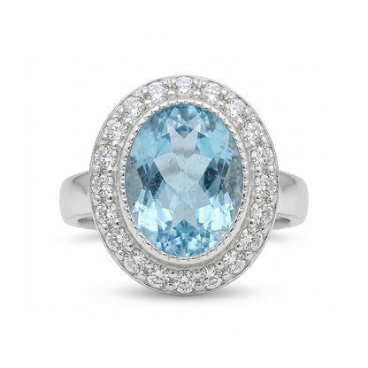 Blue Topaz Women Ring - Wide-Border Halo
