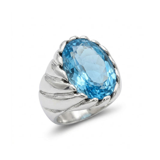 Oval Blue Topaz Men’s Ring – Wave Design