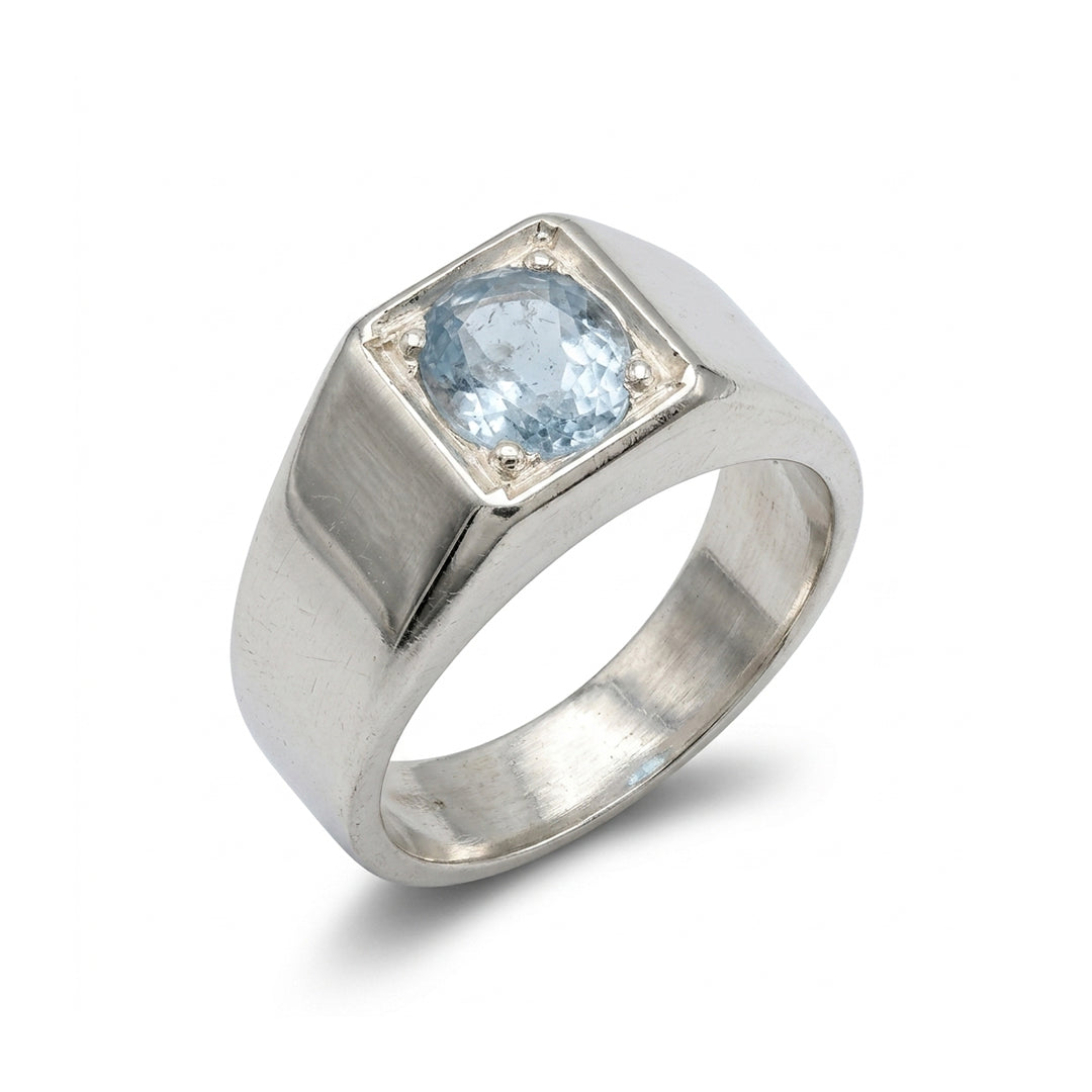 Blue Topaz Men Ring - Emerald-Cut Solitaire