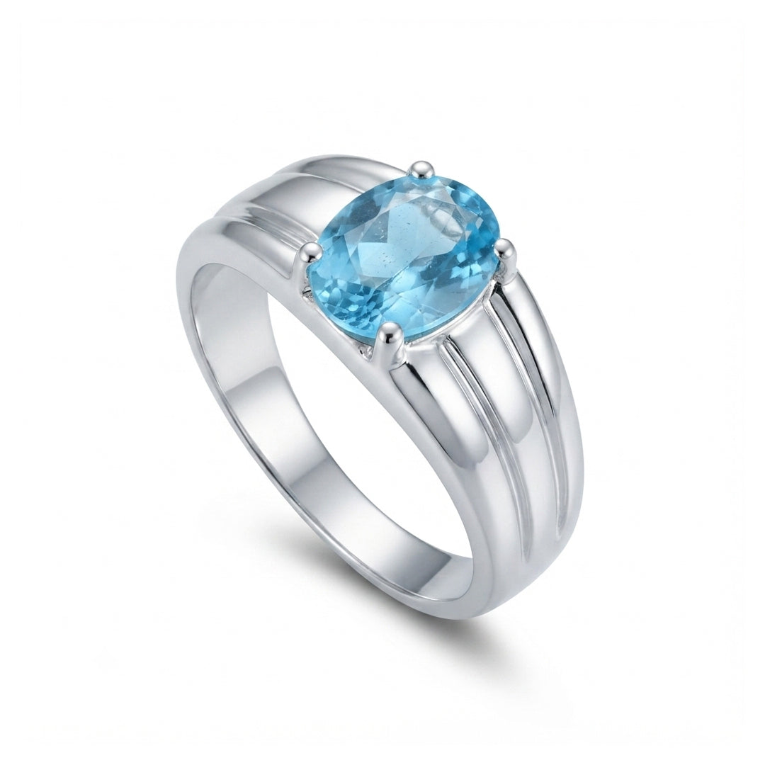 Blue Topaz Men Ring - Oval Double-Groove