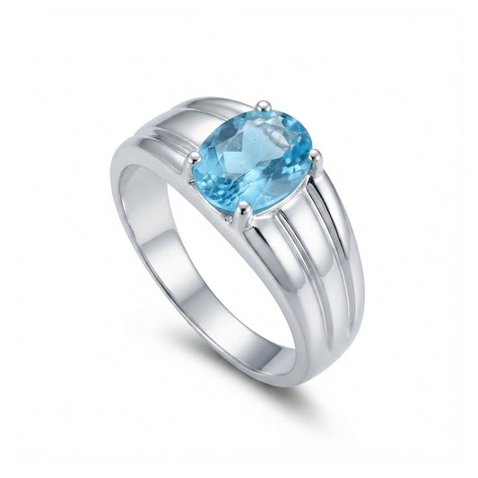 Blue Topaz Men Ring - Oval Double-Groove