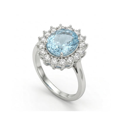 Blue Topaz Women Ring - Oval Cluster-Halo