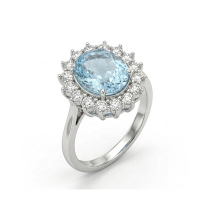 Blue Topaz Women Ring - Oval Cluster-Halo