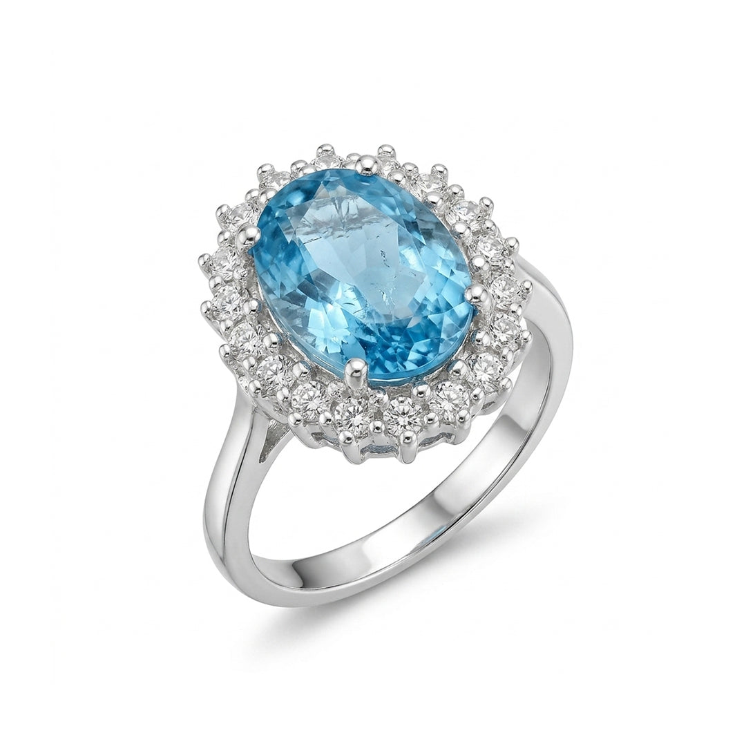 Blue Topaz Women Ring - Oval Scalloped Halo