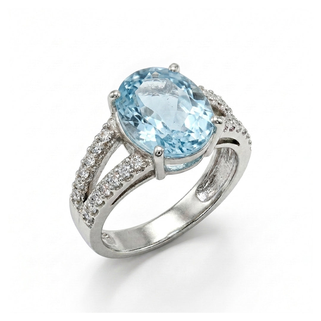 Blue Topaz Women Ring - Double-Band Accent