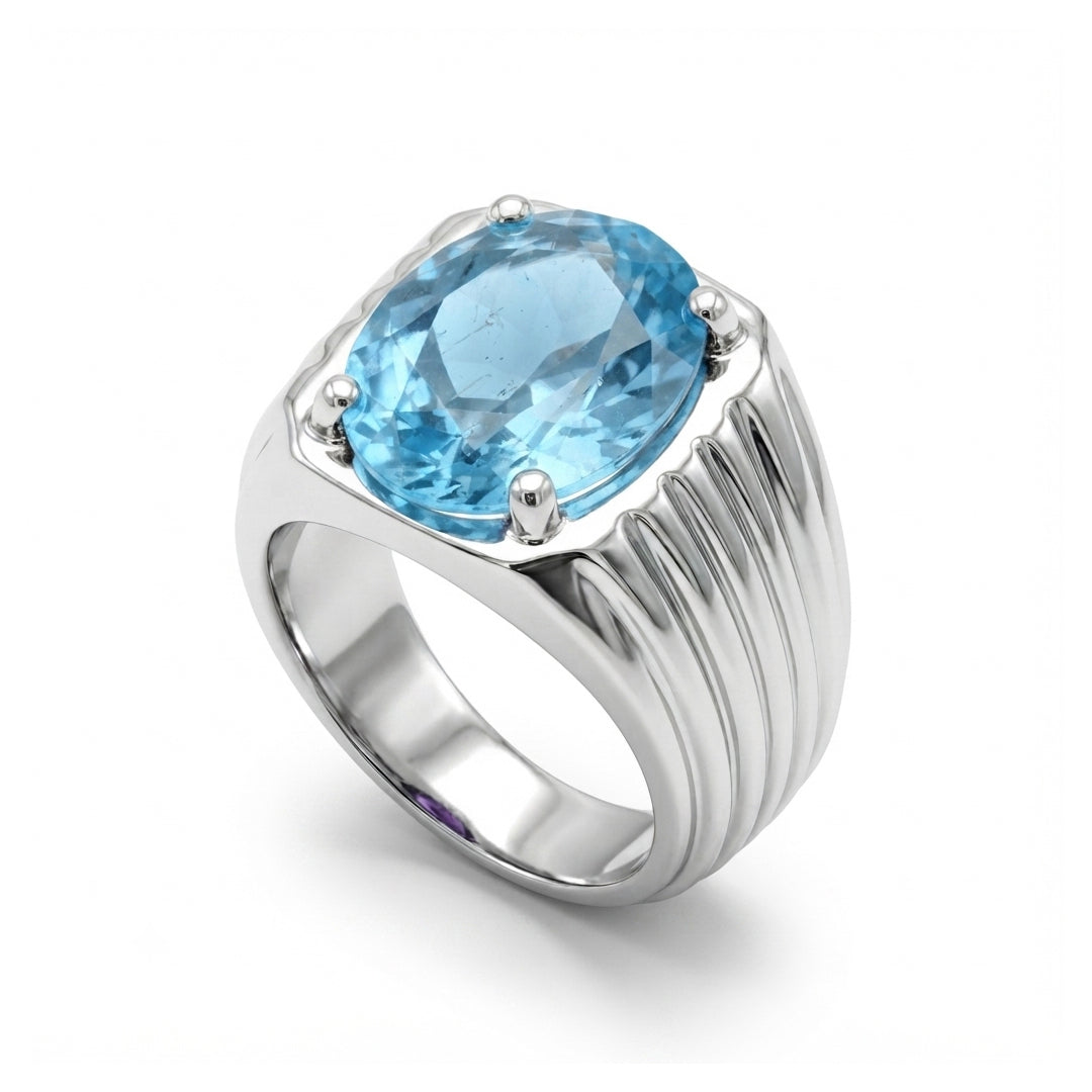 Blue Topaz Men Rings - Oval Multi-Groove Signet
