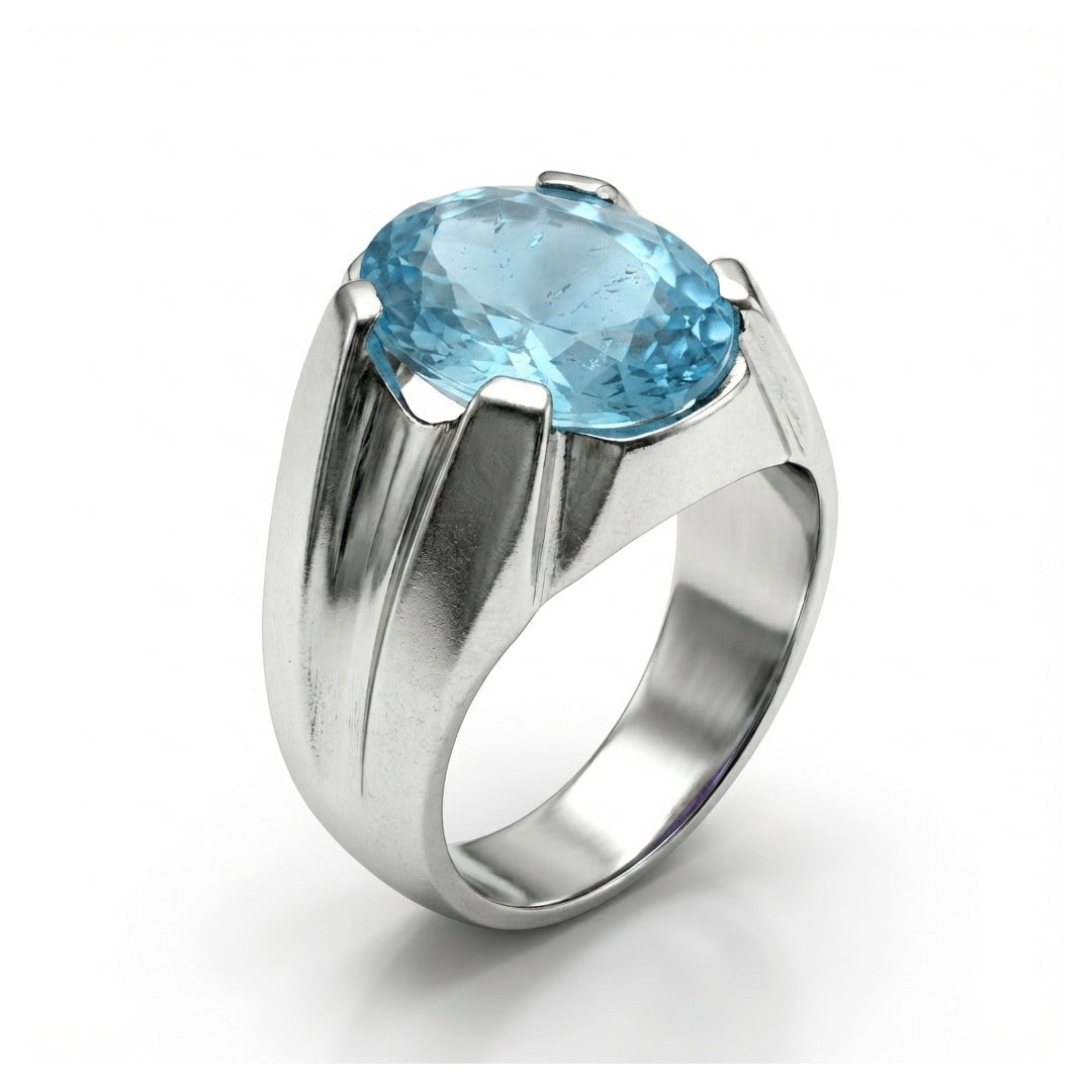 Blue Topaz Men Rings - Oval Cathedral-Prong