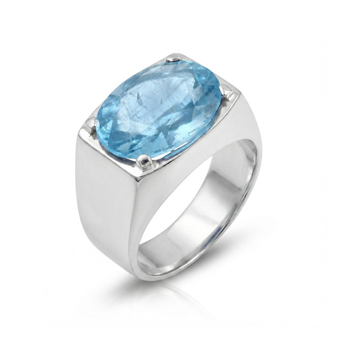Blue Topaz Men Rings - Oval Inset Signet