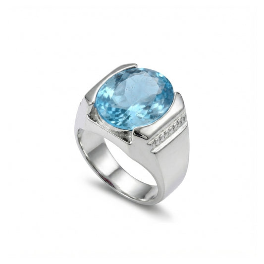 Blue Topaz Men Rings - Oval Stepped-Shoulder