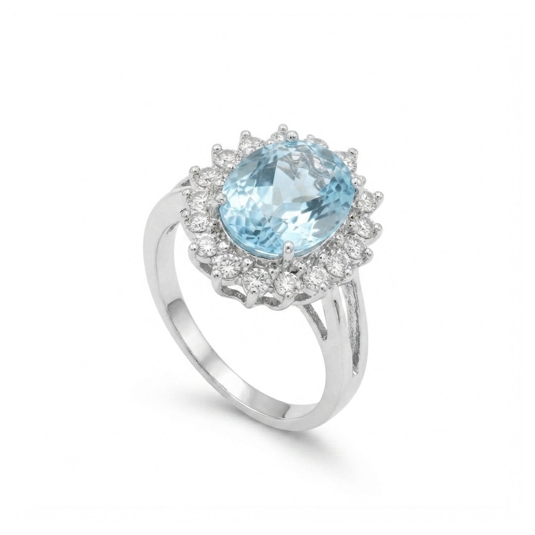 Blue Topaz Women Ring - Oval Scalloped Halo