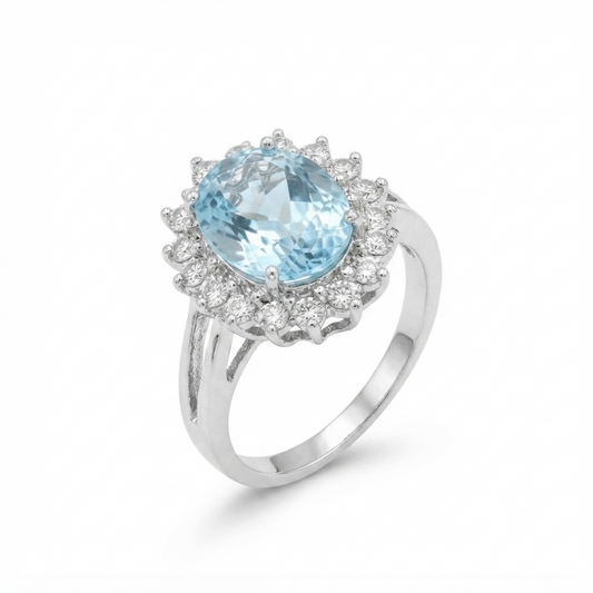 Blue Topaz Women Ring - Oval Scalloped Halo
