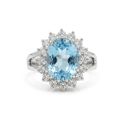 Blue Topaz Women Ring - Oval Scalloped Halo