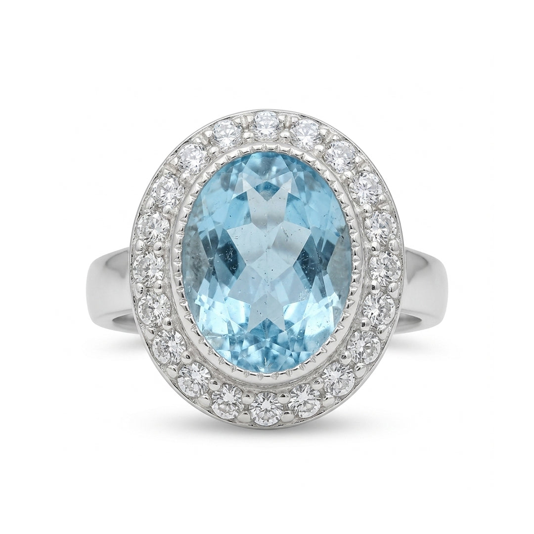Blue Topaz Women Ring - Wide-Border Halo