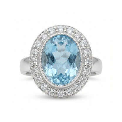 Blue Topaz Women Ring - Wide-Border Halo