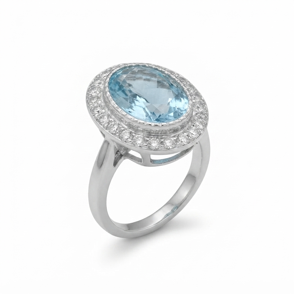 Blue Topaz Women Ring - Wide-Border Halo
