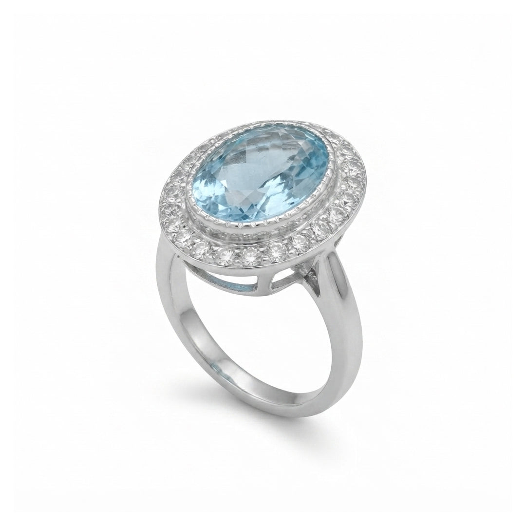 Blue Topaz Women Ring - Wide-Border Halo