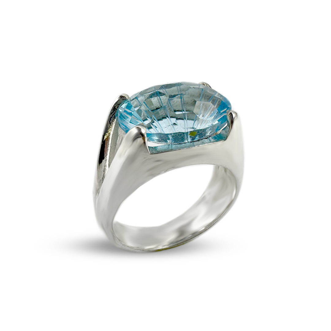 Blue Topaz Men Ring - V Band Design