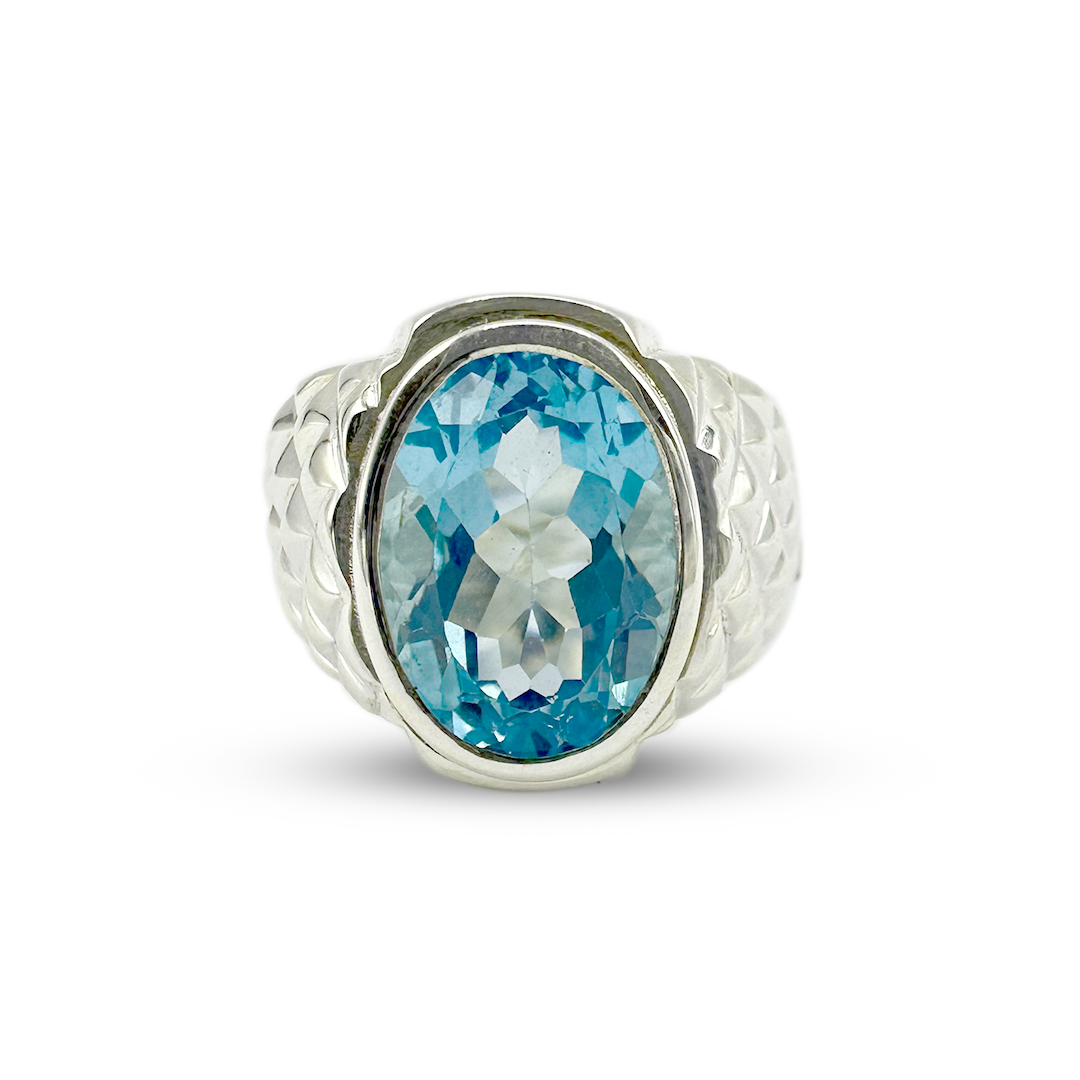 Blue Topaz Men Ring - Tile Band Desin