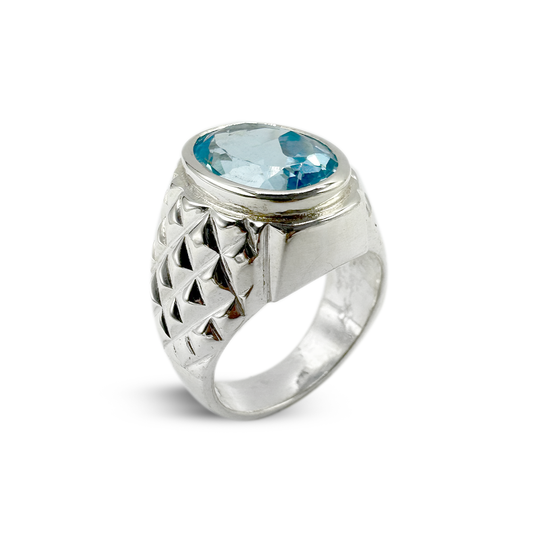 Blue Topaz Men Ring - Tile Band Desin