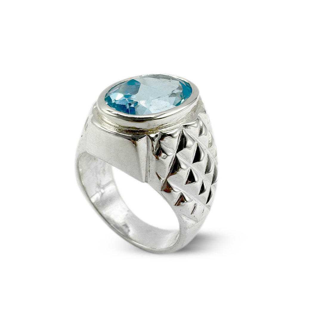 Blue Topaz Men Ring - Tile Band Desin