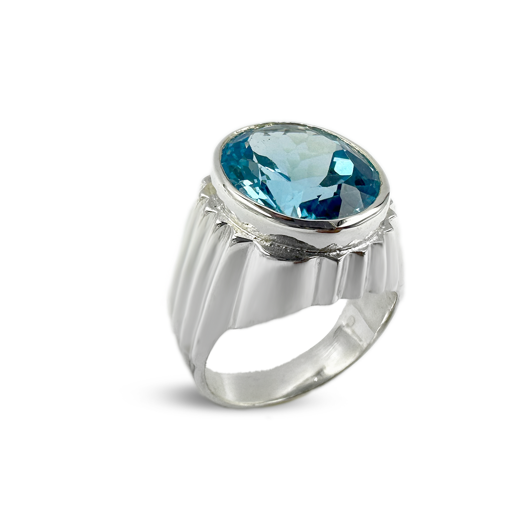Blue Topaz Men Ring -Across Line Design